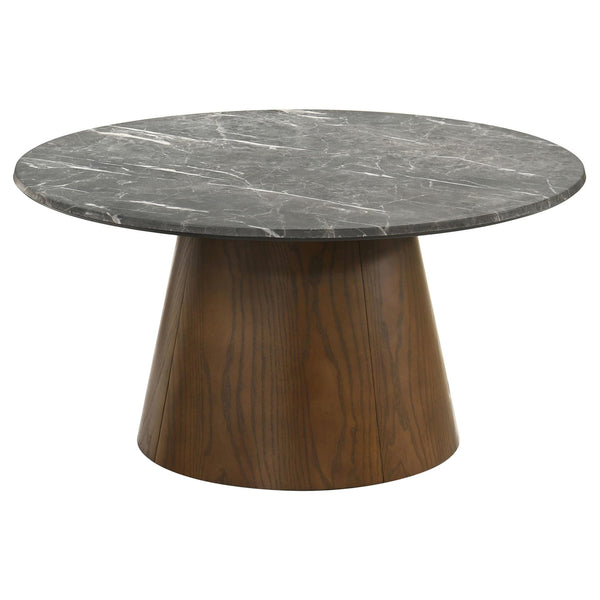 Franklin 36-inch round pedestal coffee table top view showing grey ash veneer surface