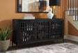 Vallisburg Accent Cabinet front view showing black wire-brushed finish and metal legs