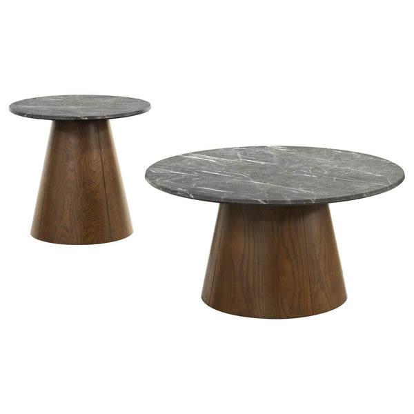 Franklin coffee table round top and pedestal base in grey and dark brown, front view
