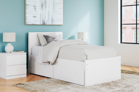 Onita White Twin Panel Platform Bed front view with storage drawers visible