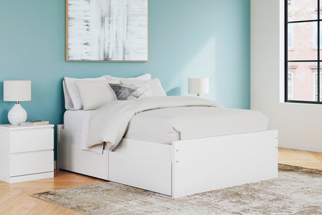 Front view of Onita White Full Platform Bed showing 4 side storage drawers