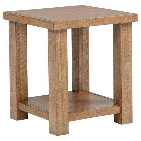 Beasley square wood end side table with open shelf golden oak front view