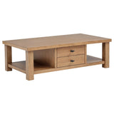 Beasley wood coffee table in golden oak with two drawers, front angle