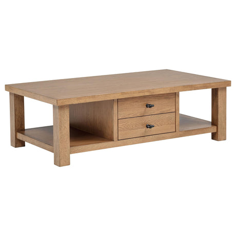 Beasley wood coffee table in golden oak with two drawers, front angle