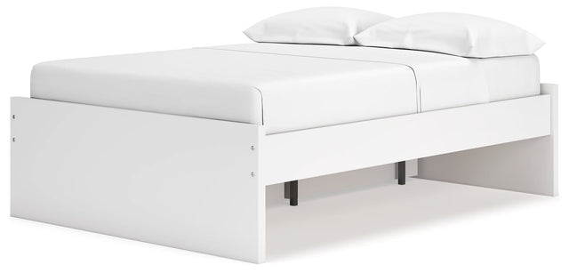 Onita white full platform bed front angle showing storage drawer