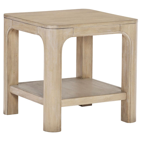 Solano square wood side end table with shelf, angled view showing top and lower shelf