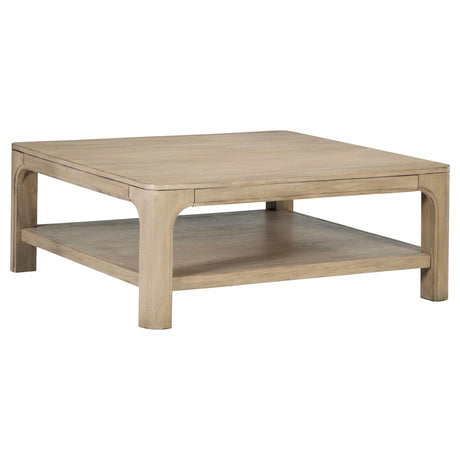 Solano square coffee table in weathered mango finish, front angle view