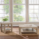 Solano coffee table front angle showing weathered mango finish and shelves
