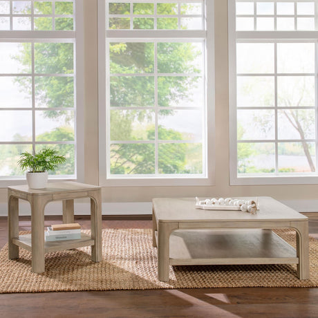 Solano coffee table front angle showing weathered mango finish and shelves