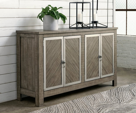 Krystanza Weathered Gray Dining Server front view with closed cabinets