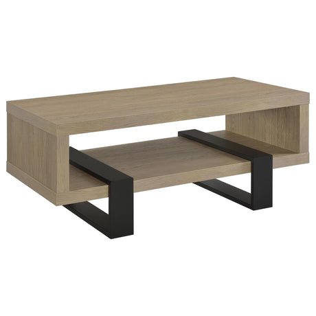 Dinard Latte Engineered Wood Coffee Table front view with top and lower shelf