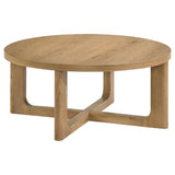 Kessler round sculptural wood coffee table in light oak, front view