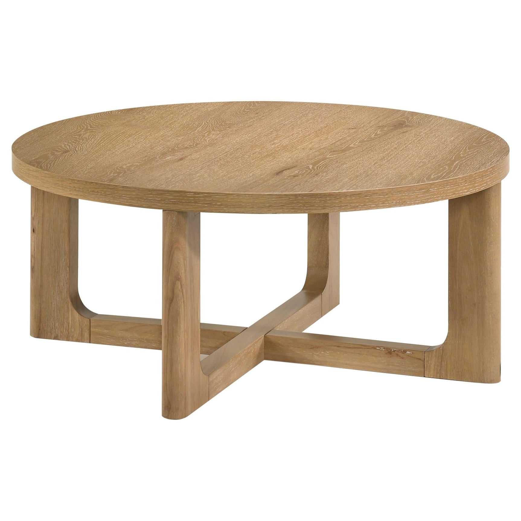 Kessler round sculptural wood coffee table in light oak, front view