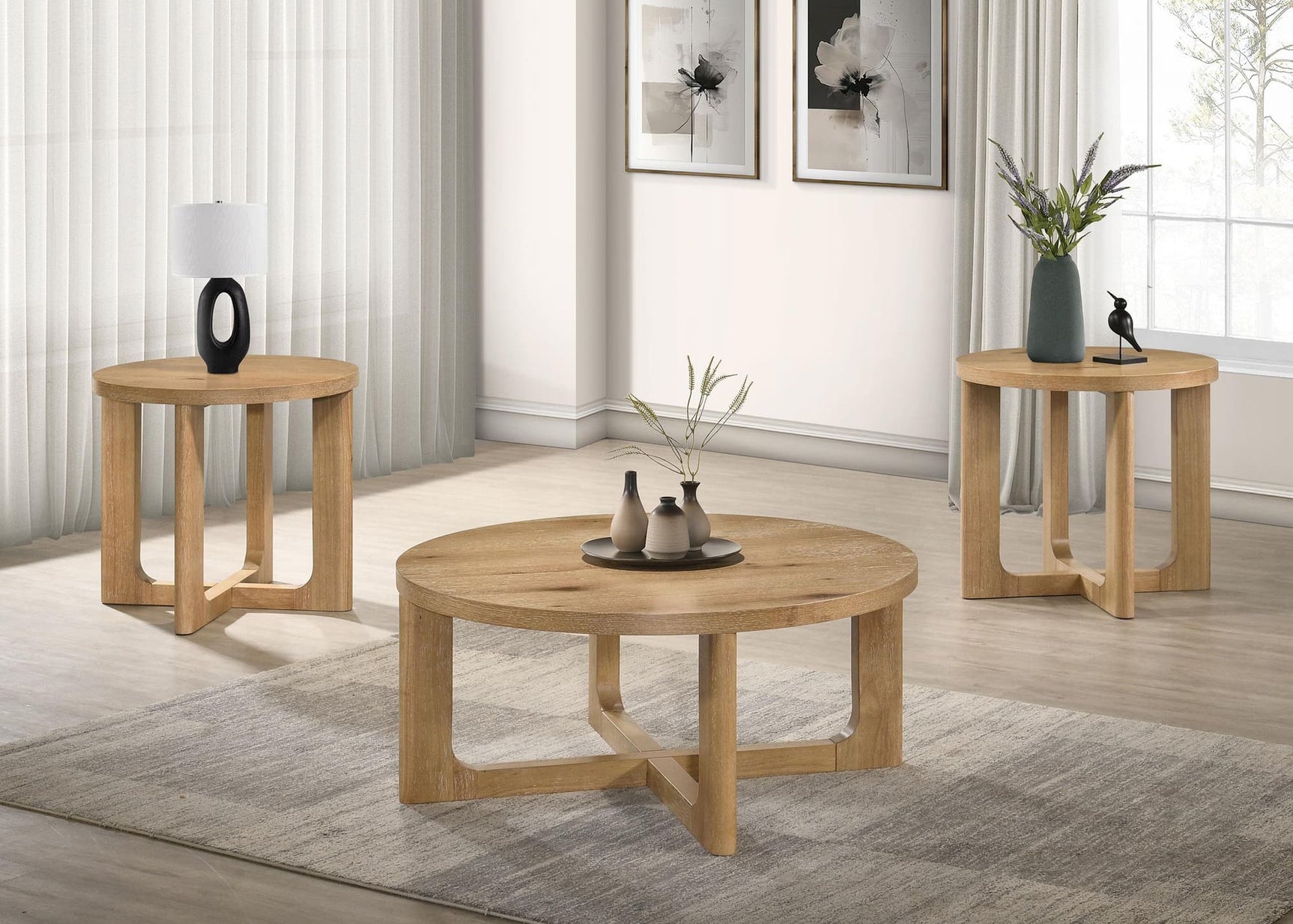 Kessler 3-piece round sculptural wood coffee table set in light oak - front view