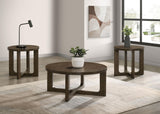Kessler 3-piece round coffee table set brown with sculptural curved bases front view