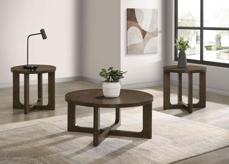 Kessler 3-piece round coffee table set brown with sculptural curved bases front view