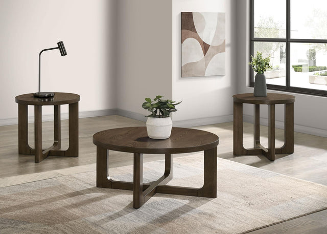 Kessler 3-piece round coffee table set brown with sculptural curved bases front view