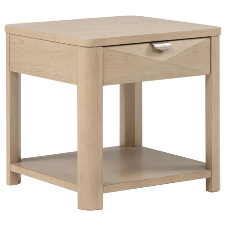 Marcelo Light Elm Wood End Table with drawer and shelf, front angle