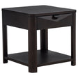 Marcelo wood end table front view showing drawer and shelf