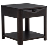 Marcelo wood end table front view showing drawer and shelf