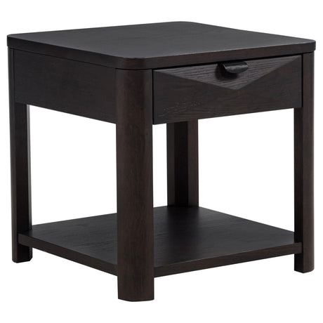 Marcelo wood end table front view showing drawer and shelf