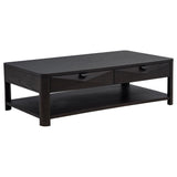 Marcelo Wood Coffee Table front angle showing drawers and shelf