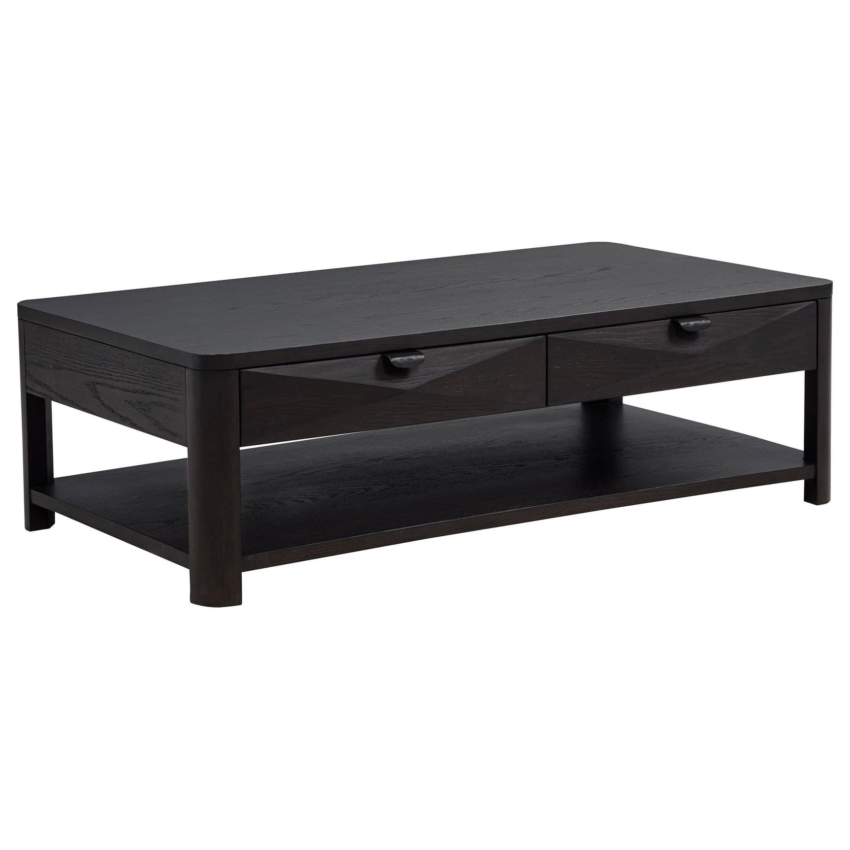 Marcelo Wood Coffee Table front angle showing drawers and shelf