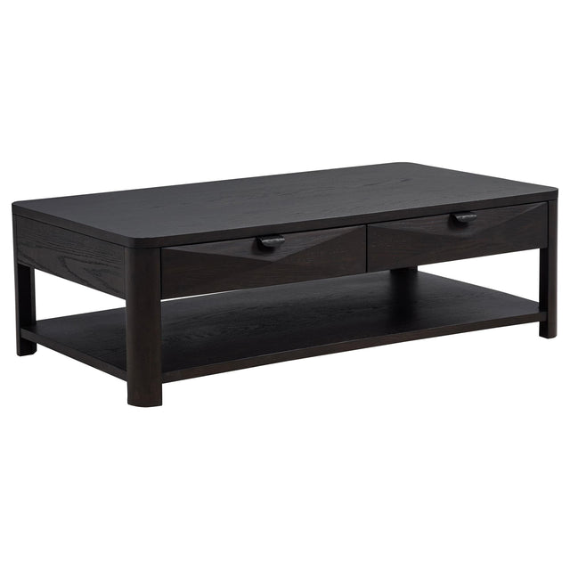 Marcelo Wood Coffee Table front angle showing drawers and shelf