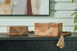 Antford brown wood mosaic decorative box, front view