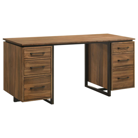 Berhalter Desk front view showing sap walnut veneer finish and gunmetal hardware