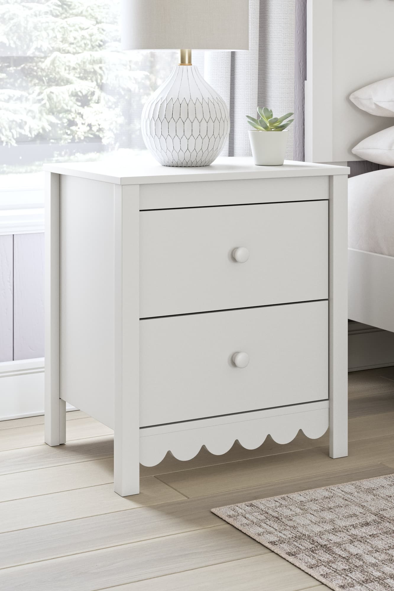 Hallityn White Nightstand front view showing scalloped detail
