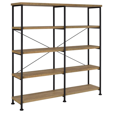 Front view of Analiese 63-inch 4-shelf double bookshelf in mango with black metal frame