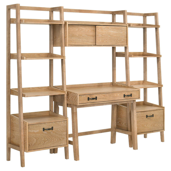 Fabian computer desk and bookshelf set in distressed light brown, front view