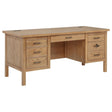 Front view of Vermes 66-inch 7-drawer computer desk with power outlet in light ash