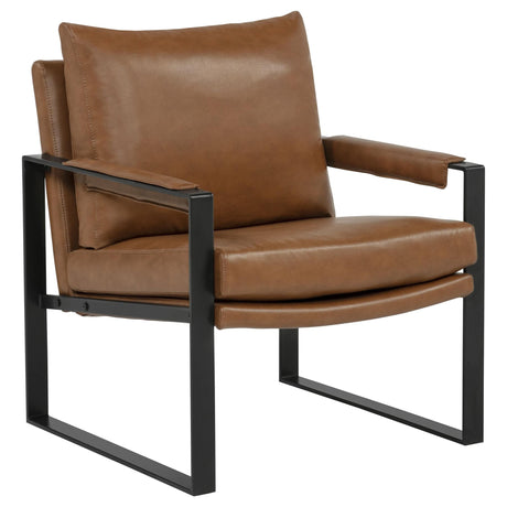 Rosalind upholstered track arm accent chair brown leatherette front view
