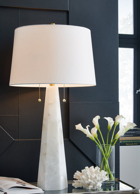Laurellen white resin and alabaster table lamp front view