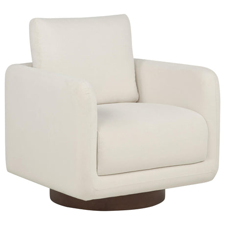 Iris ivory fabric upholstered swivel accent chair front angle