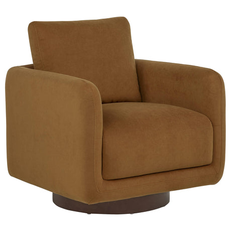 Iris rust fabric upholstered swivel accent chair front angle view