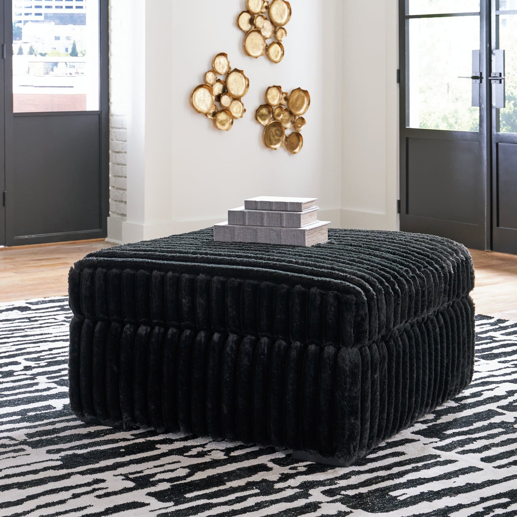Midnight-Madness Onyx Velvet Oversized Accent Ottoman front angle