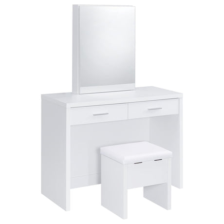 Bunbury white makeup vanity table set with rectangular framed mirror and dual drawers
