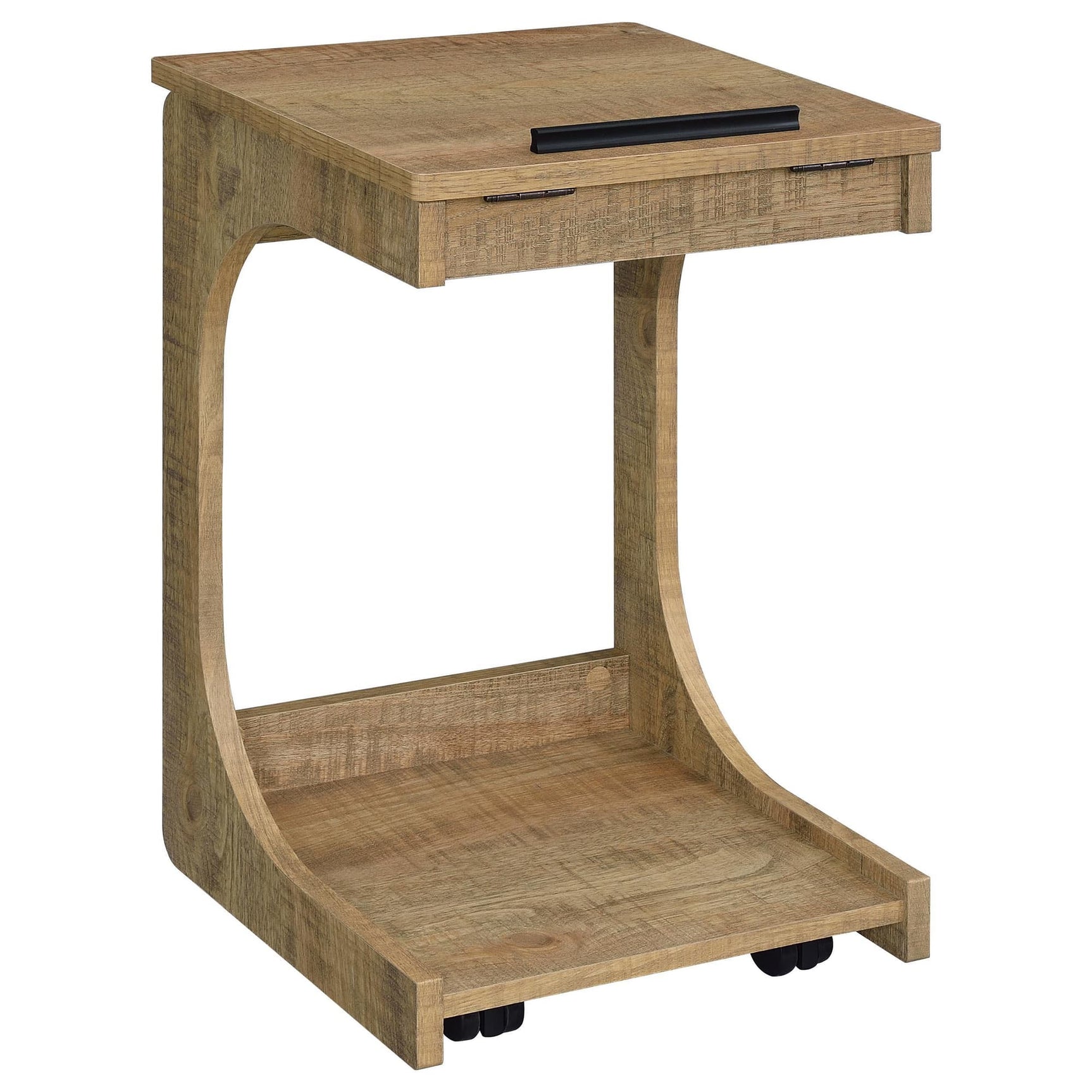 Ralston mango finish C-shaped sofa side table with lift-top in living room angle