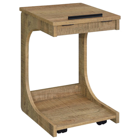 Ralston mango finish C-shaped sofa side table with lift-top in living room angle
