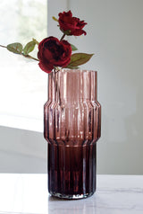 Dorlow Mauve Vase set showing fluted striped glass detail