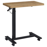 Westpark adjustable C-shape side table with mango laminate top and metal base angled view