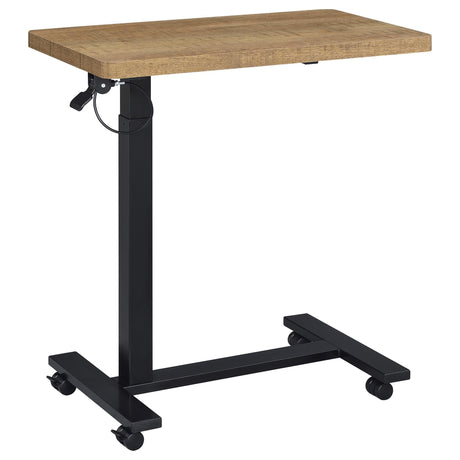 Westpark adjustable C-shape side table with mango laminate top and metal base angled view