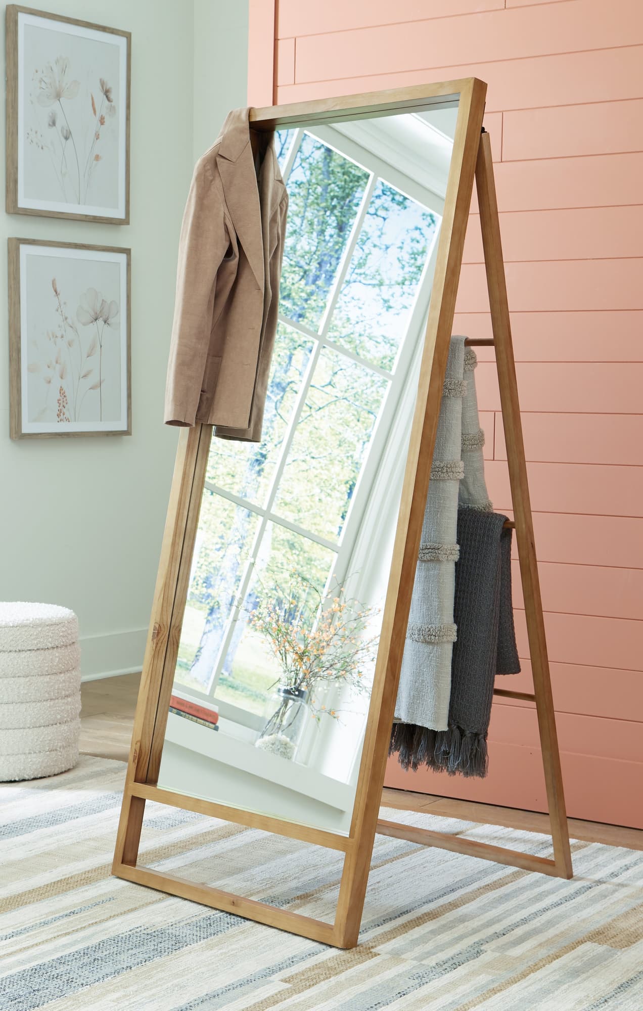 Devford Brown wood freestanding floor mirror front view