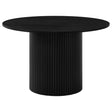 Hamlyn 43-inch round black wood dining table showing top and pedestal base