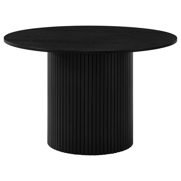 Hamlyn 43-inch round black wood dining table showing top and pedestal base