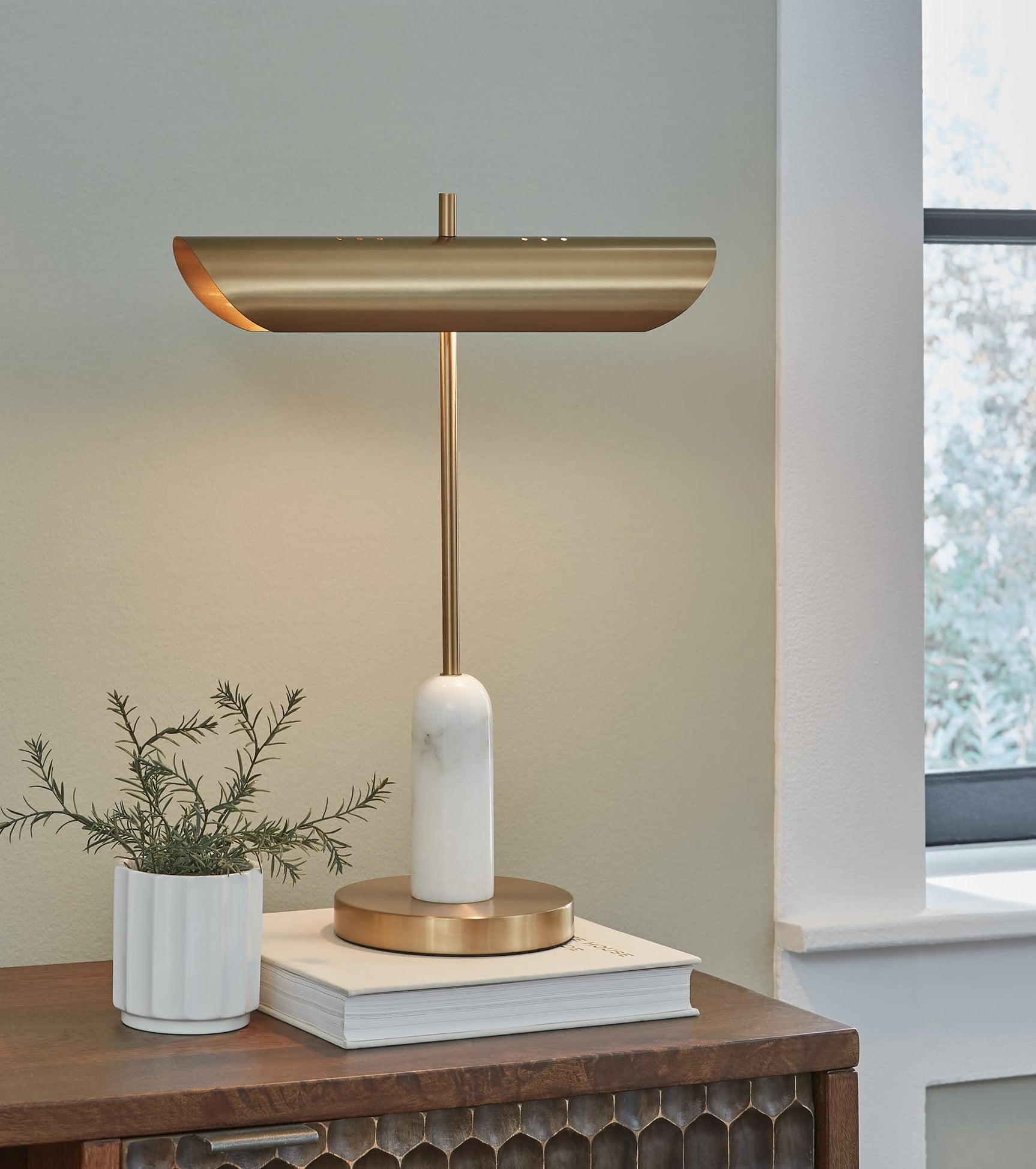Rowleigh desk lamp with goldtone metal cylindrical shade and white marble base