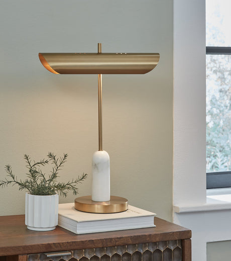 Rowleigh desk lamp with goldtone metal cylindrical shade and white marble base